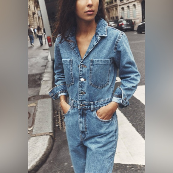 BNWT ZARA Z1975 LONG SLEEVE DENIM JUMPSUIT MID-BLUE LONG SLEEVES SMALL - Picture 2 of 8